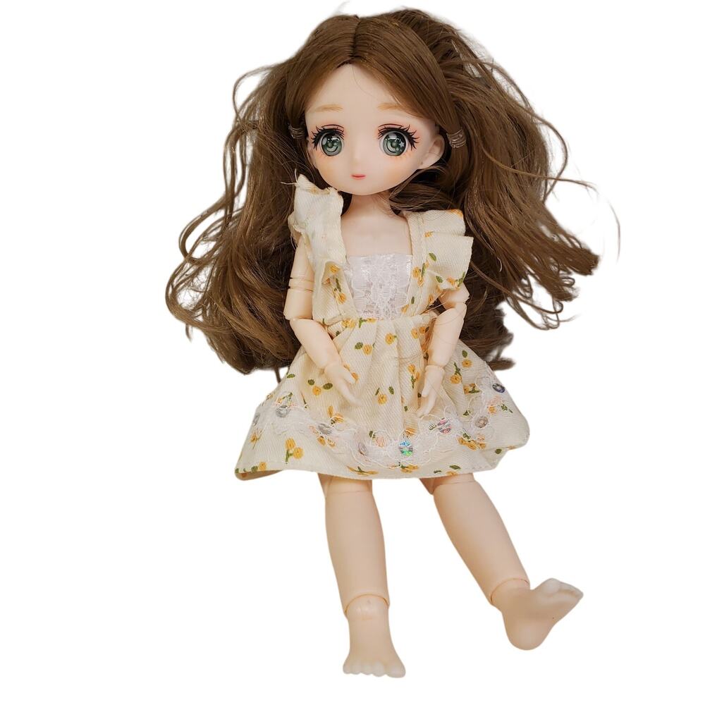 Anime Articulated Doll Brown Hair Green Eyes Floral Dress 9"
